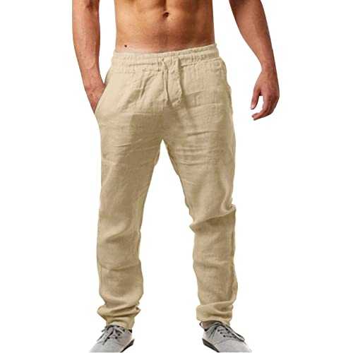 Linen Trousers Mens Slim Fit UK - Work Trousers Men Stretch Fit - Cargo Trousers for Men - Solid Color Sweatpants Joggers Trousers Tracksuit Bottoms Chino Pants Elasticated Waist Drawstring Pants
