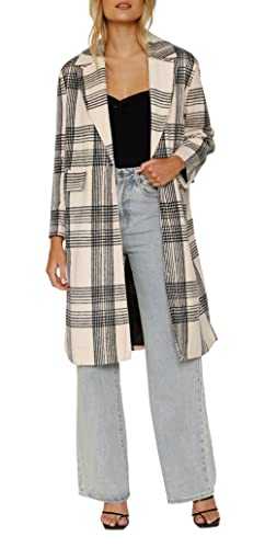 CHARTOU Women's Lapel Collar Plaid Wool Blend Shacket Button Down Midi Long Trench Coat