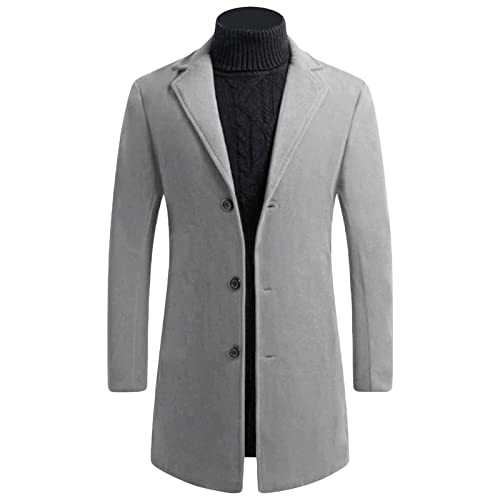 Maiyifu-GJ Mens Wool Blend Trench Coat Mid-Length Notched Collar Long Top Pea Coats Business Single Breasted Jacket Overcoat