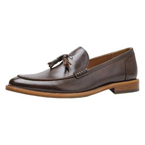 BXCZEDW Men's Tassel Penny Loafers Slip-On Dress Shoes Wooden Sole Moccasins Hand-Stitched Formal Leather Shoes