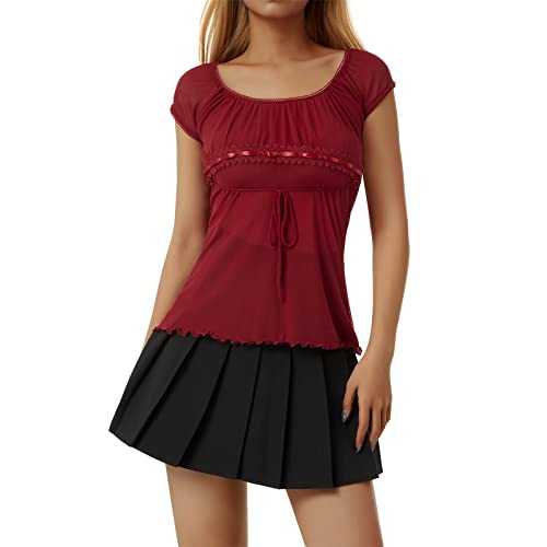 Women´s See Through Tee Shirt Lace Flower Crochet Tops Cap Sleeve Low Cut Drawstring T-Shirt Off Shoulder Tube Top
