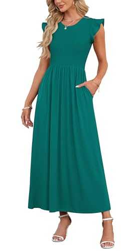 AUSELILY Women Summer Maxi Dress Ruffle Petal Short Sleeve Dresses with Pockets Casual Crew Neck Beach Long Dress Elegant