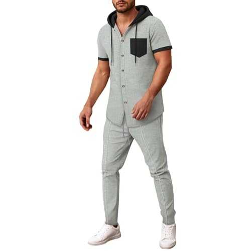 Generisch Men's Suit Set Slim Fit Button Down Color Block Casual Outfit for Spring Summer