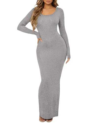 Floerns Women's Solid Long Sleeve Scoop Neck Bodycon Pencil Maxi Dress