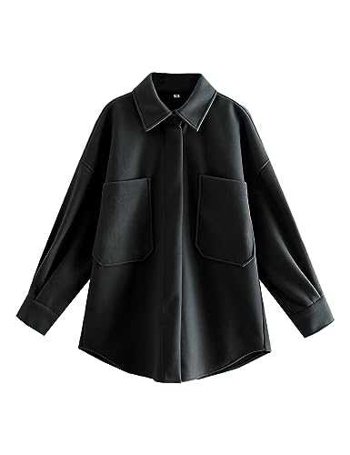 Sukany Women's Casual Loose Wool Blend Button Up Jacket Warm Lapel Long Sleeve Shirt Jacket Shacket Coat