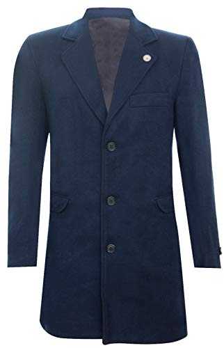 Mens 3/4 Long Wool Navy Crombie Overcoat Jacket Blinders Trench Slim Fit Coat 44