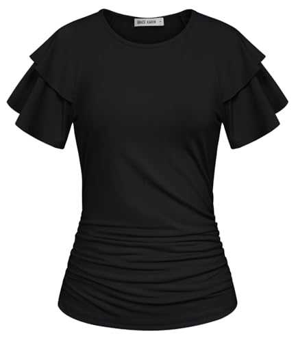 GRACE KARIN Women's Summer Tops Ruffle Sleeve Basic T Shirts Dressy Casual Ruched Work Blouses Trendy Clothes 2025