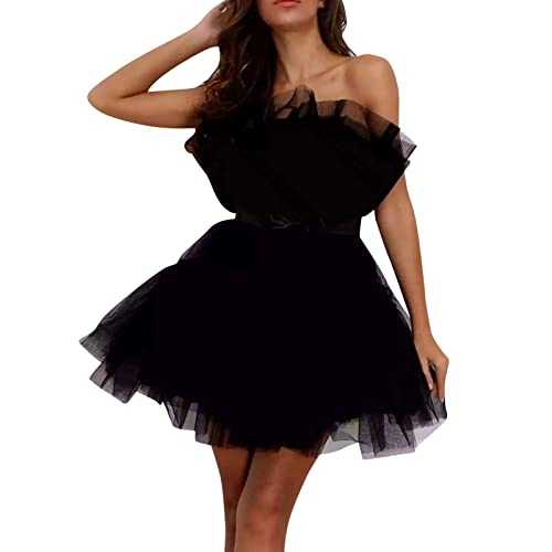 Women's Tulle Ruffle Ball Gown Short Mini Dress Cocktail Party Dress with Bow Mini Mesh Skirt Sexy Evening Dress Elegant A-Line Mini Mesh Skirt Party Dress Sleeveless Backless Shoulderless Sleepwear