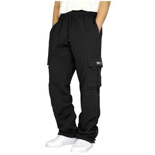 Mens Jogging Sweatpants with Multi Pockets Rope Foot Thickened Trousers for Men UK Stretchy Drawstring Waisted Warmth Cargo Joggers Plus Size Tracksuit Bottoms Soft Basic Lounge Pants