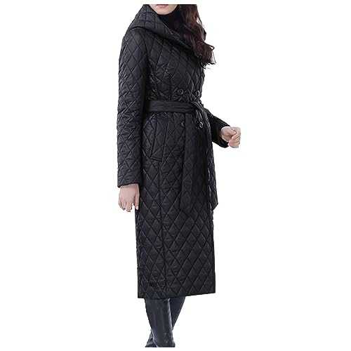 Zeiayuas Women Long Quilted Coat Maxi Length Winter Coats Warm Padded Jackets Water Resistant Puffer Jacket Hooded Pockets Outerwear Outdoor Thick Fleece Outwear with Belted