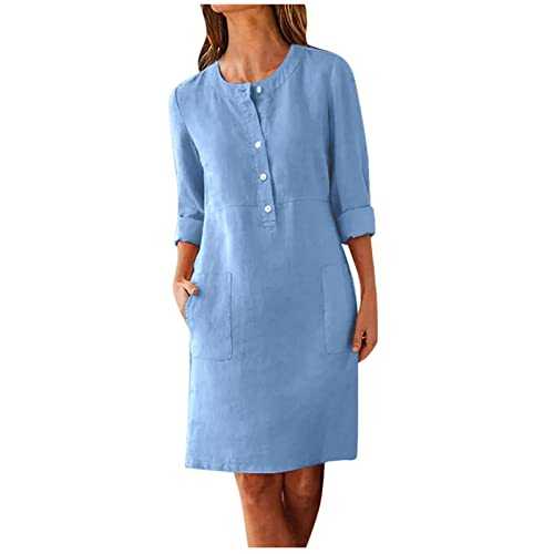 Mrat Summer Cotton Linen Dresses Women UK Casual V Neck Button Midi Dress Long Sleeve Swing A-line Dress Slim Fit Tunic Dresses Ladies Elegant Knee Length Sundress Loose Beach Work Party M-5XL