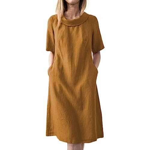 AMDOLE Tunic Swing Dresses for Women Fashion Women's Solid Color Casual Loose Solid Color Cotton Linen Short Sleeve Round Neck Women's Dresses Plus Size Dress Casual