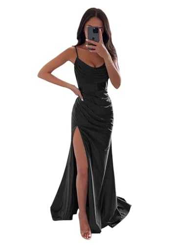 Vtorliya Women's Spaghetti Strap Satin Bridesmaid Dresses Cowl Neck Mermaid Prom Dress Long Formal Gowns with Slit