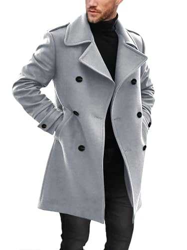 Ryannology Men's Notched Collar Trench Coat Double Breasted Long Winter Pea Coats Windbreaker Business Wool Blend Jacket