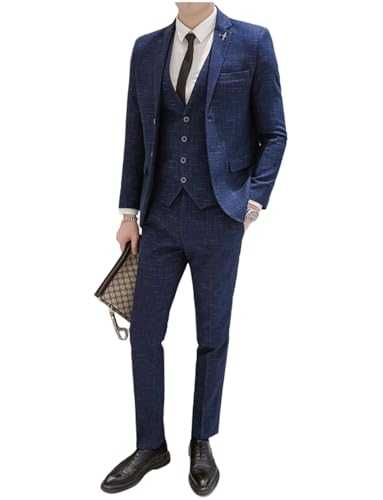 Ulnomio Men's Irregular Plaid Three-Piece Formal Notch Lapel Single Breasted Button Suit Set Business