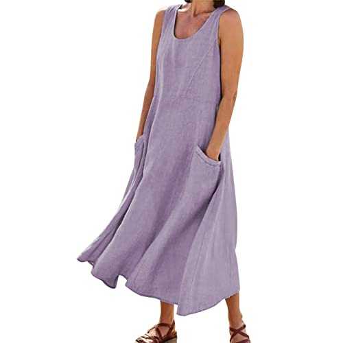 Women's Nightdress Solid Colour Round Neck Pajamas Sleeveless Long Dress for Women UK Loose Cotton Linen Bodycon Dress with Pocket Casual Dress Vest Dresses Daily Tank Dress Sleepwear