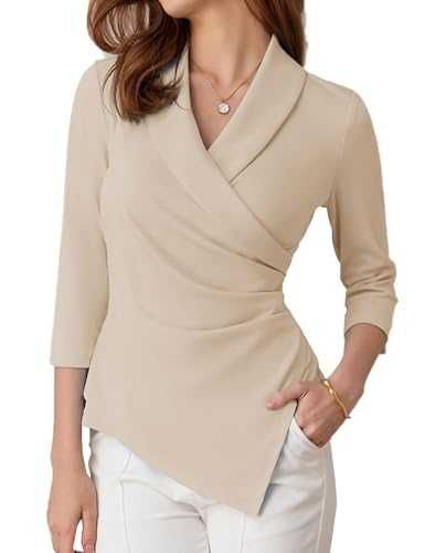 GRACE KARIN Women's V Neck Tops 3/4 Sleeve Tunic Shirt Tops Elegant Pleated Tunic Blouses Office Casual