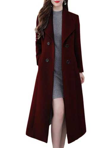 ebossy Women's Shawl Collar Double Breasted Below Knee Slim Wool Trench Long Coat