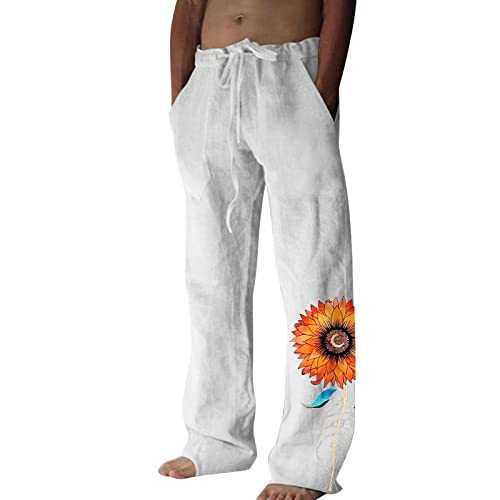 HELLORSOON Men's Trousers,Casual Summer Pants with Pockets Cropped Linen Trousers Summer Lightweight Elasticated Waist Drawstring Yoga Pant Mens Jogging Bottoms Baggy Joggers