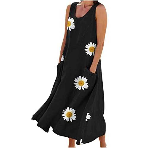 RLEHJN Linen Dresses for Women UK Sale Clearance Floral Printed Summer Beach Dresses Long Swing Dress Sleeveless Midi Dresses Baggy Casual A Line Sundress with Pockets S-3XL