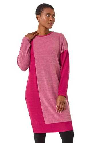 Roman Originals Knitted Jumper Dress for Women UK - Ladies Colour Block Winter Autumn Smart Casual Office Bodycon Workwear Everyday Long Sleeve Knee Length Knit Pocket