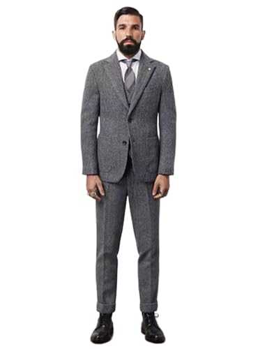 Yaflonjaa Men's Herringbone Suit Three Pieces Speech Notch Lapel Single Breasted Button Jacket Vest Pants Set