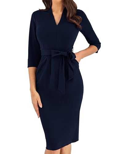 GRACE KARIN Women's Cocktail Dress 3/4 Sleeve Elegant Midi Bodycon Dress with Pockets V Neck Slim Fit Pencil Dress with Belt Wedding Guest Dresses Daily Dress