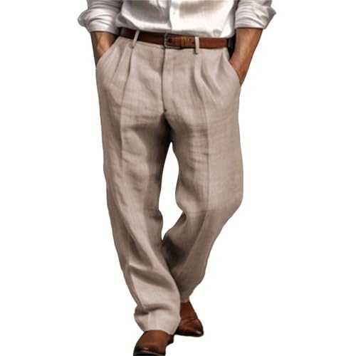 Mens Cotton Linen Trousers Formal Dress Pants Pleated Front Pants Loose Fit Lightweight Trousers Baggy Suit Pant Breathable Office Work Trousers Slacks