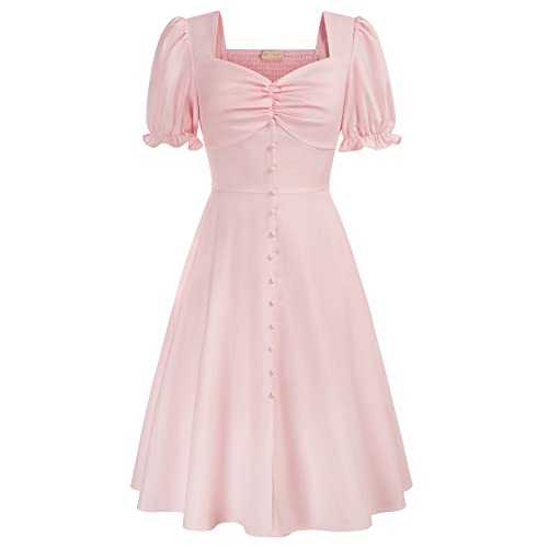 Belle Poque Women's 50s Vintage Ruched Swing Dress Sweetheart Neckline Short Puff Sleeve A-Line Tea Party Cocktail Dress