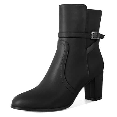 Mettesally Womens Ankle Boots Chunky Heels Round Toe Side Zipper Fall Winter Ankle Booties 2.8 Inches