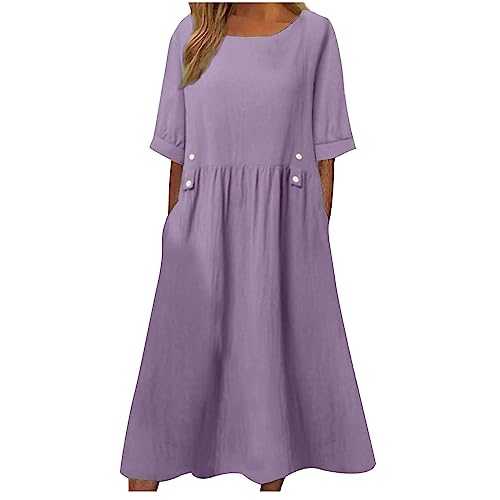 AMhomely Elegant Summer Dresses for Women Cotton and Linen Dresses Plus Size Summer Dress Tunic Dress Short Sleeve Casual Swing Dress Solid Loose Tunic Dress Boho Beach Dress Holiday