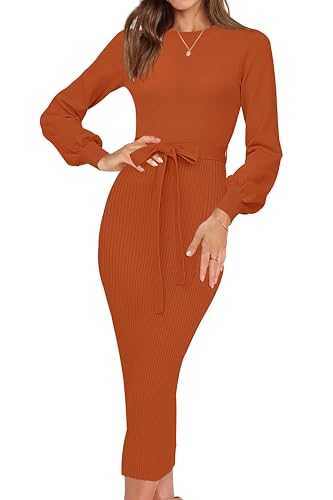 HAEOF Womens 2025 Fall Sweater Dress Ribbed Knit Crewneck Trendy Long Puff Sleeve Winter Bodycon Midi Dresses