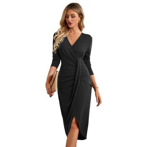 RPAEOY Womens Wrap V Neck Long Sleeve Ruched Evening Pencil Dresses Mini Midi Dress Elegant Bodycon for Cocktail Party