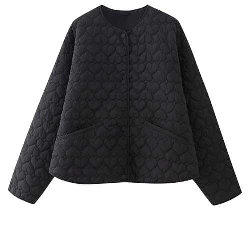Womens Heart Shape Quilted Coats Button Down Long Sleeve Lightweight Jackets Casual Loose Solid Color Outwear