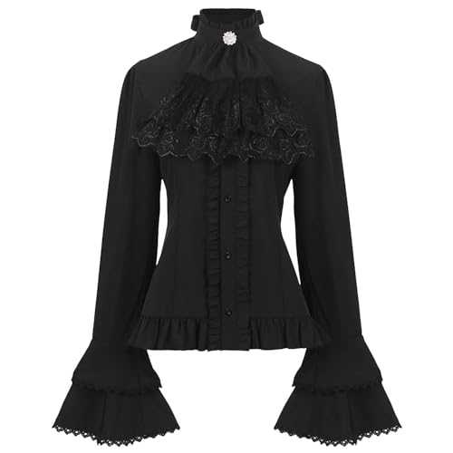 Steampunk Clothes Women Vintage Victorian Button Down Shirts Stand Collar Frilly Ruffle Gothic Blouses Retro Flared Sleeve Tops