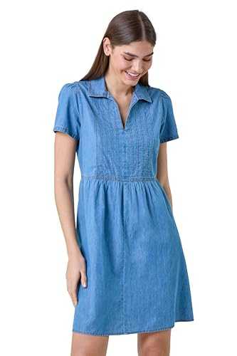 Roman Originals Cotton Denim Collared Dress for Women UK - Ladies Everyday Holiday Spring Summer V-Neckline Comfy Soft Evening Vacation Work Party