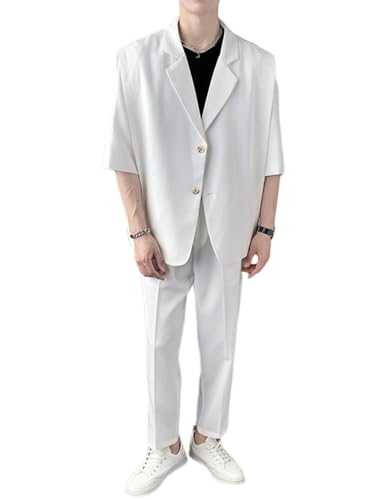 Yaflonjaa Men's Notch Lapel Suit 2Pcs Single Breasted Button Tuxedos Short Sleeves Jacket Trousers Set