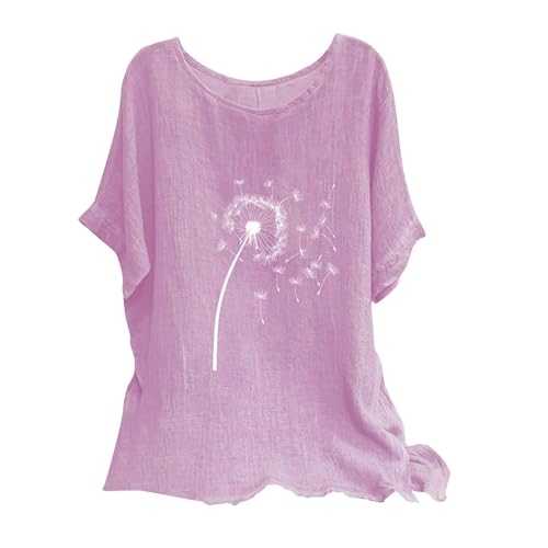 Generic Women's Linen Tops UK Plus Size Shirts 2024 Summer Short Sleeve Crewneck Blouses Funny Daisy Dandelion Butterfly Print T-Shirts