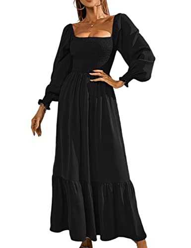 MAYFASEY Women's Casual Square Neck Smocked Flounce Shirred Ruffle Hem Flowy Maxi Dress