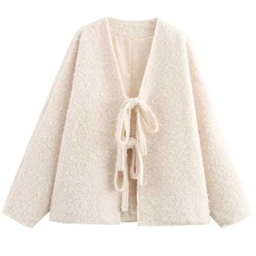 Perbai Women's Tie Front Bow Cardigan Jacket Fuzzy Wool Blend Long Sleeve Batwing Oversized Winter Trench Coats