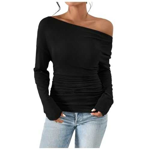 Women's Sexy Off Shoulder Tops Long Sleeve Asymmetrical Slim Fit Going Out Autumn Blouse Ruffled Tight Shirts Tunic Women Large Sizes