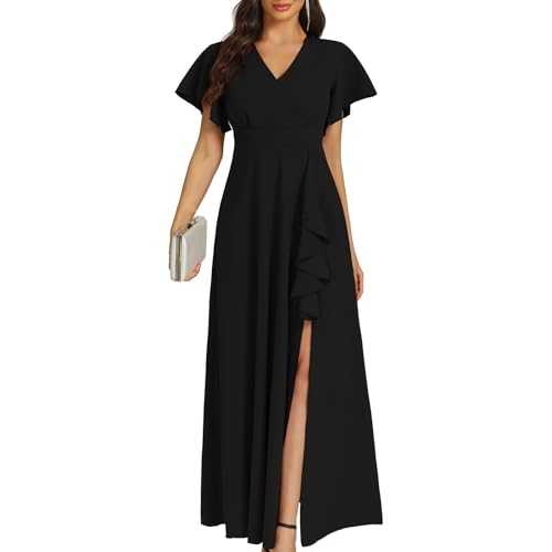 COOAN Women's Formal Black Long Dresses Cocktail Wedding Guest Dresses Ruffle Split Elegant V Neck Party Fiesta Gowns