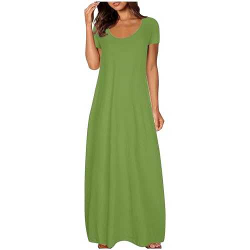 Boho Dresses for Women UK Sale Clearance Summer Maxi Dresses for Women Casual Short Sleeve Cotton Swing Long Dress Scoop Neck Flowy Sundress with Pockets for Beach Holidays