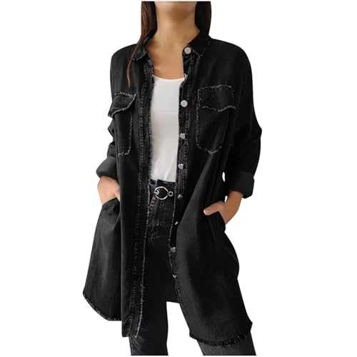 Denim Jacket for Women Casual Button Down Long Shirt Coats Classic Stand Collar Long Sleeve Distressed Jean Jackets Western Style Outwear Vintage Washed Cowboy Denim Jackets Plus Size S-5XL