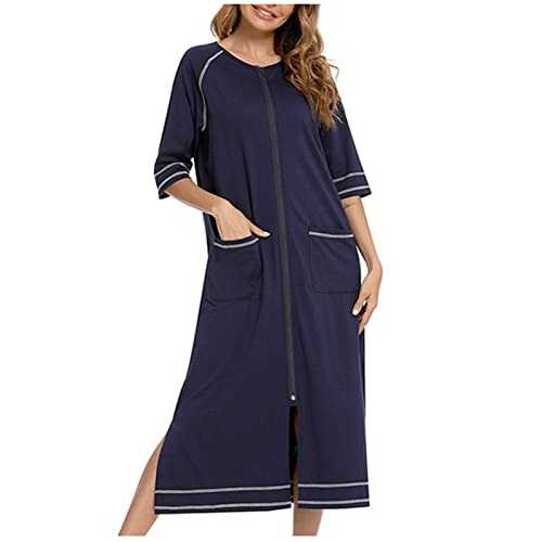 Nightdress for Women UK Sale Clearance 3/4 Sleeve Casual T Shirts Dress Zip Up Loose Long Dresses Lightweight Baggy Lounge Dress Pyjamas Sleepwear with Pockets