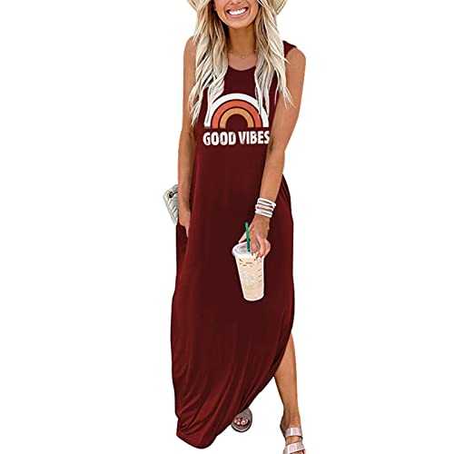 Sxkayxr Women's Summer Sleeveless Maxi Dress Casual Loose Beach Good Vibes Tshirt Dresses with Pockets