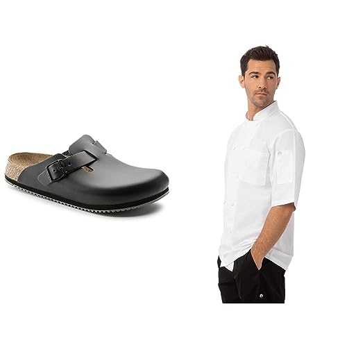 Birkenstock BB129-44 Super Grip Professional Boston Slip-Resistant Clogs | Black | Size 44EU / 9.5UK & Chef Works JLCV Montreal Essential Cool Vent Chef Coat, White, Medium