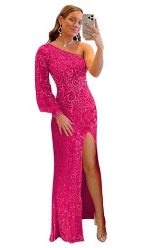 Bolodoo One Shoulder Prom Dresses for Women with Sleeve 2024 Sparkly Sequin Long Formal Evening Gown, Hot Pink, 6