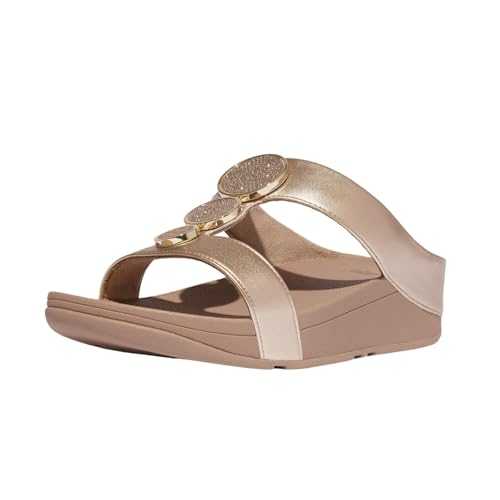 Women's Halo Bead-Circle Metallic H-bar Slides Wedge Sandal