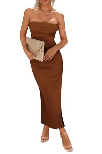 Womens Summer Bodycon Maxi Tube Dress Ribbed Strapless Side Slit Long Going Out Casual Elegant Party Dresses